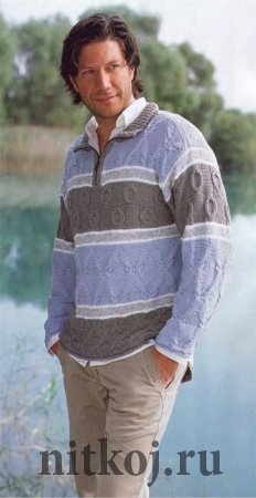 Мужской пуловер спицами с рельефными узорами